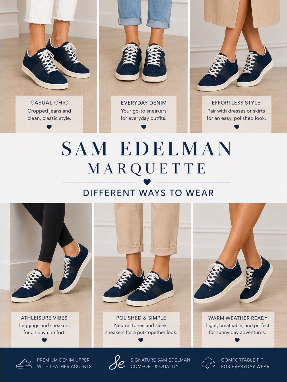 Sam Edelman Marquette Navy Denim Lace Up Sneakers Size 7.5 - Picture 3 of 12